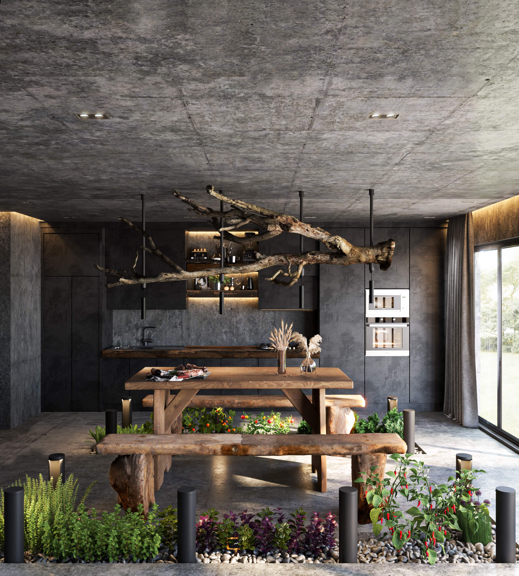 kitchen with indoor plants and wooden bench